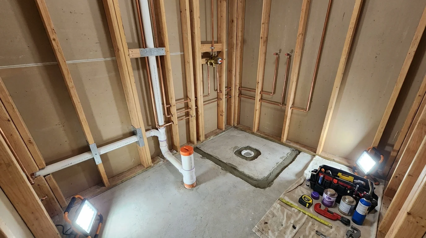 Bathroom rough-in plumbing during remodel by Johns Plumbing LLC in Columbiana