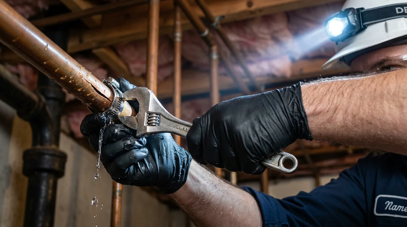 Emergency pipe clamp repair being performed by a Johns Plumbing LLC plumber in Columbiana