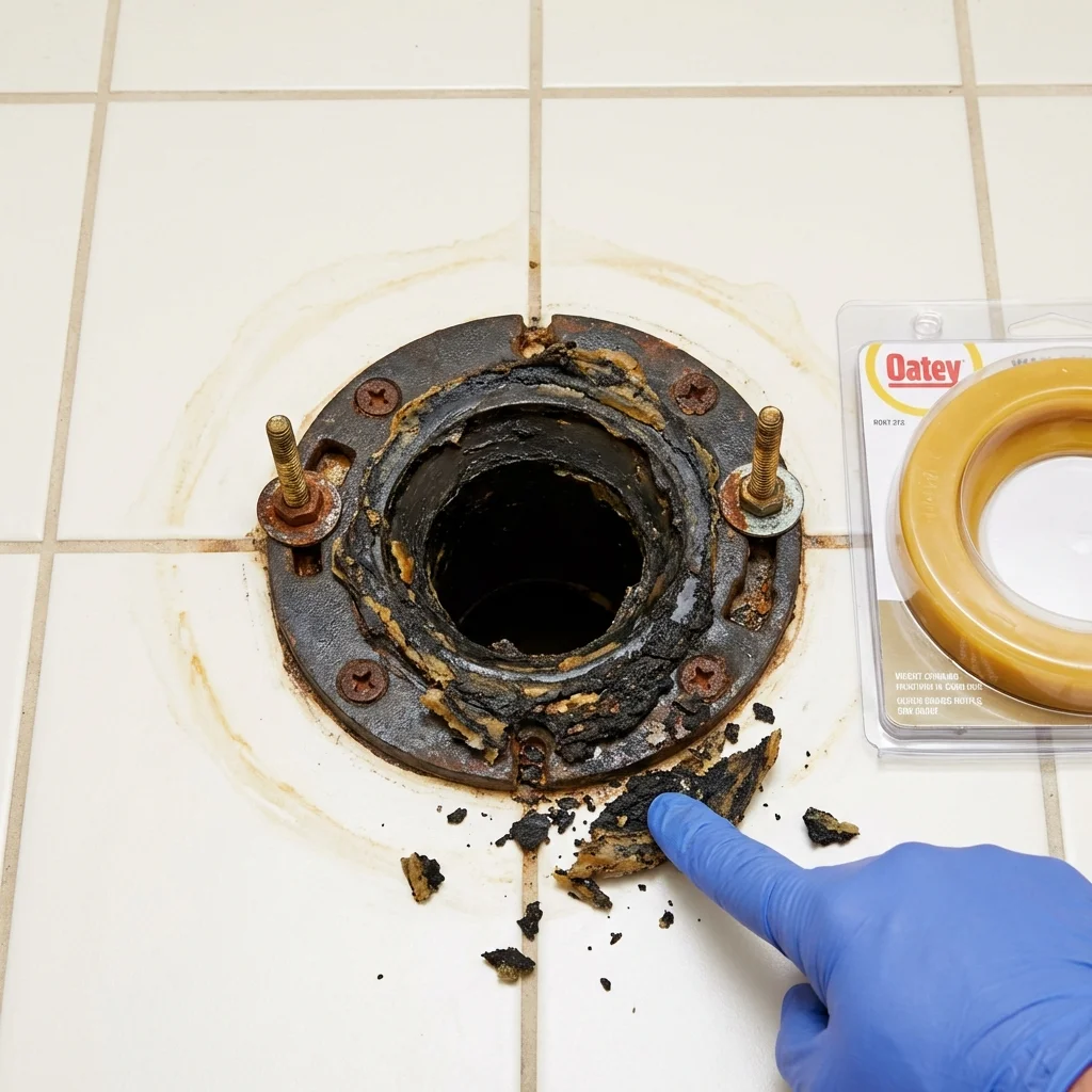 Failed wax ring showing water seepage at the base of a toilet in a Columbiana, AL home