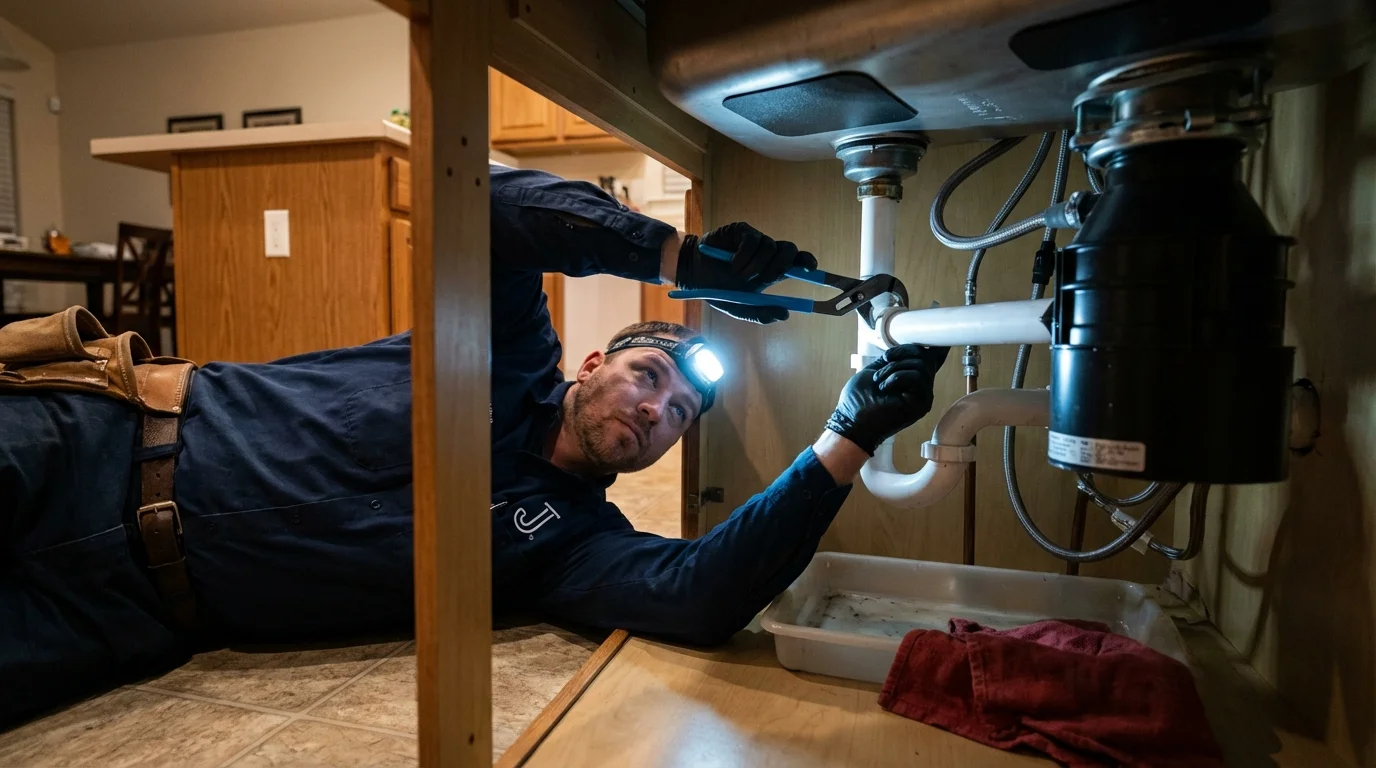 P-trap and supply line connections under a kitchen sink showing a common leak point in Columbiana, AL